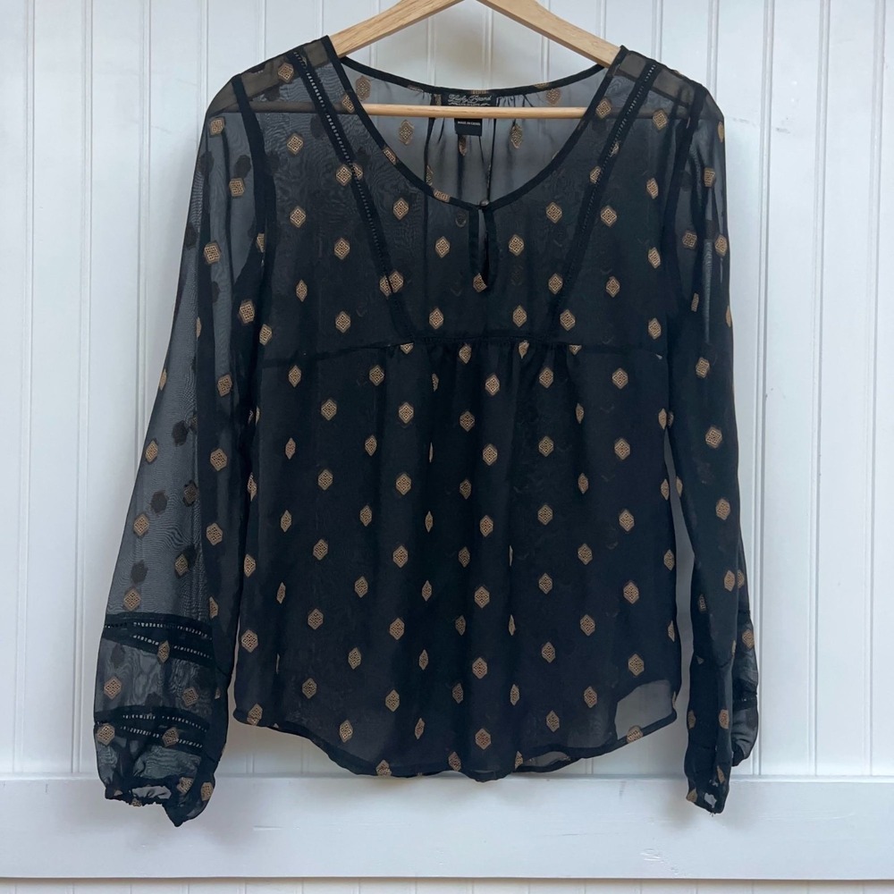 Lucky Brand Blouse Whimsigoth Black Gold Sheer Embroidered Womens S Boho Peasant